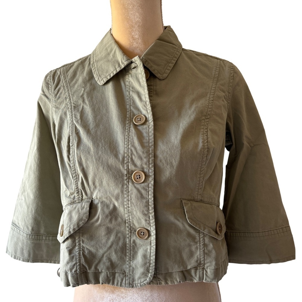 Talbots Petites Womens Shirt Sz 4P Moss Green 3/4 Sleeve Stretch Cotton Safari